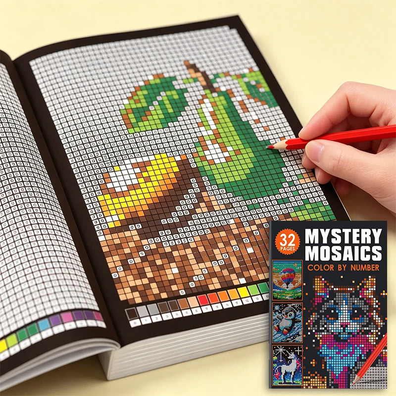 1 Book with 32 Pages of Mysterious Mosaic Numbers and Colors: Pixel Art Masterpieces That Reveal Wildlife, Animals, Portraits, Nature, and Beautiful Landscapes Hidden in Geometry.