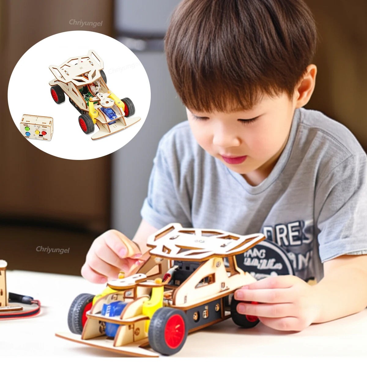 DIY Wooden Remote Control Car Mini Four-Base Version - Wheel Drive Racing Car Science Experiment Kits STEM Educational Toy for Teen Kids Gifts