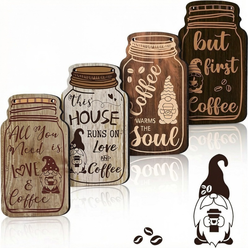 4Pcs Farmhouse Mason Jar Wooden Hanging Sign, Rustic Gnome Coffee Quote Wall Decor Plaque with Jute Rope for Kitchen Coffee Bar Home Wall Decoration()
