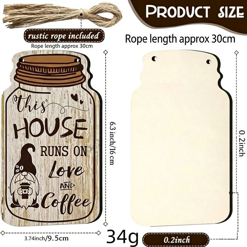 4Pcs Farmhouse Mason Jar Wooden Hanging Sign, Rustic Gnome Coffee Quote Wall Decor Plaque with Jute Rope for Kitchen Coffee Bar Home Wall Decoration()