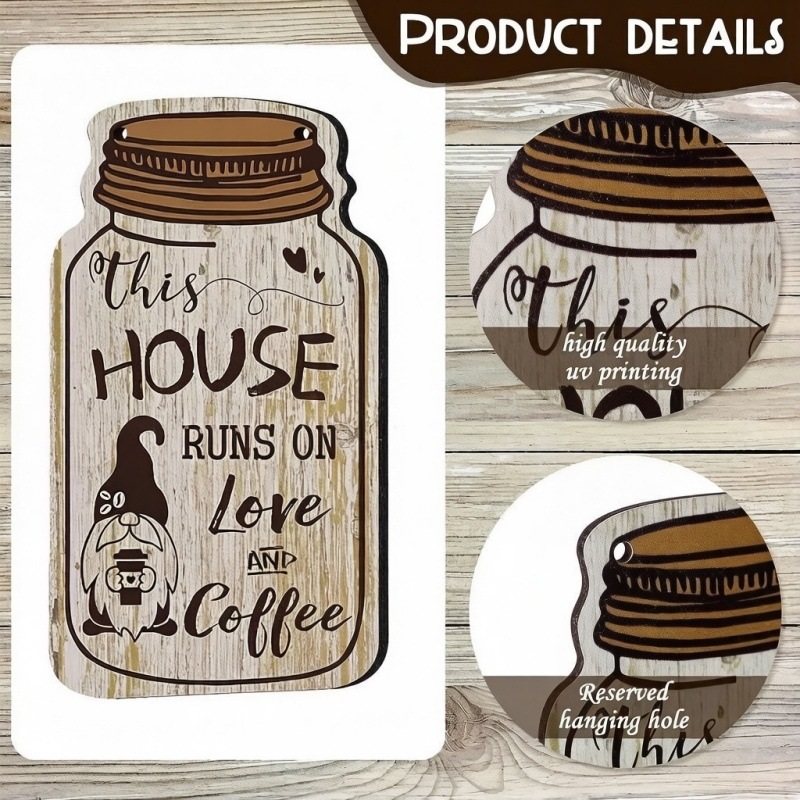 4Pcs Farmhouse Mason Jar Wooden Hanging Sign, Rustic Gnome Coffee Quote Wall Decor Plaque with Jute Rope for Kitchen Coffee Bar Home Wall Decoration()