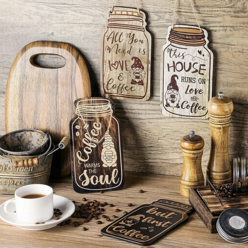4Pcs Farmhouse Mason Jar Wooden Hanging Sign, Rustic Gnome Coffee Quote Wall Decor Plaque with Jute Rope for Kitchen Coffee Bar Home Wall Decoration()