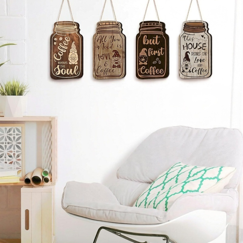 4Pcs Farmhouse Mason Jar Wooden Hanging Sign, Rustic Gnome Coffee Quote Wall Decor Plaque with Jute Rope for Kitchen Coffee Bar Home Wall Decoration()