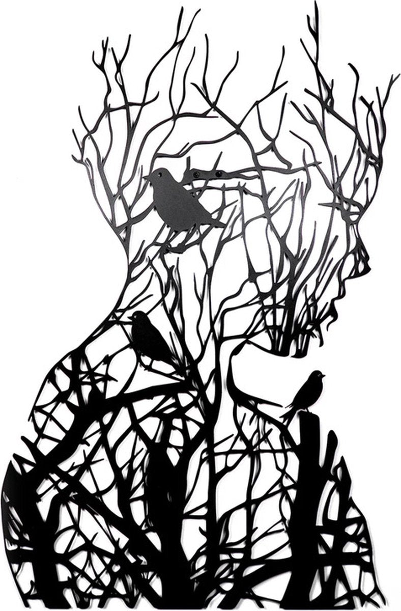 Wall decoration - wall decoration - Wall Art - Line art - wall decoration living room - Tree branch woman silhouette - black and white - Metal - 30*21cm