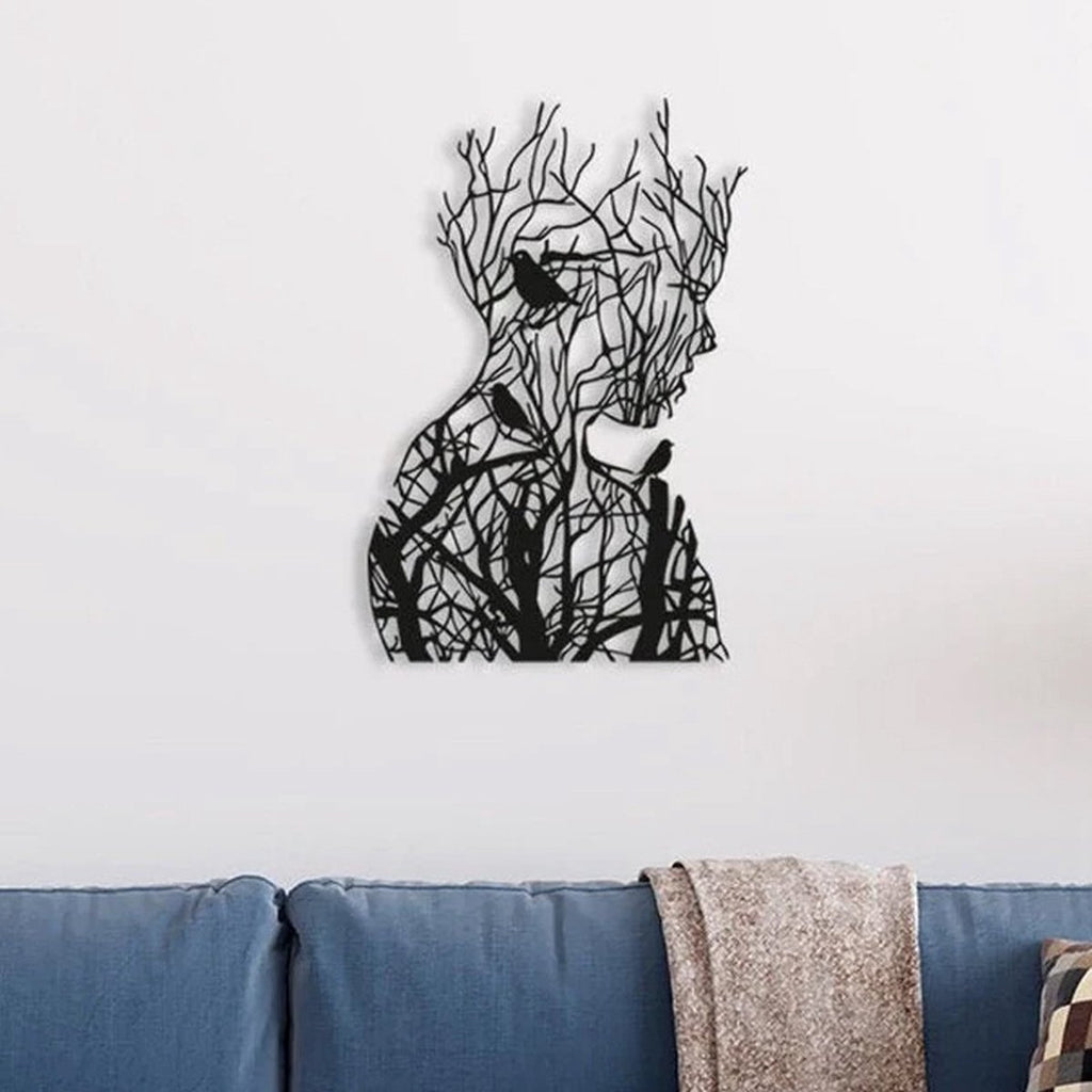 Wall decoration - wall decoration - Wall Art - Line art - wall decoration living room - Tree branch woman silhouette - black and white - Metal - 30*21cm
