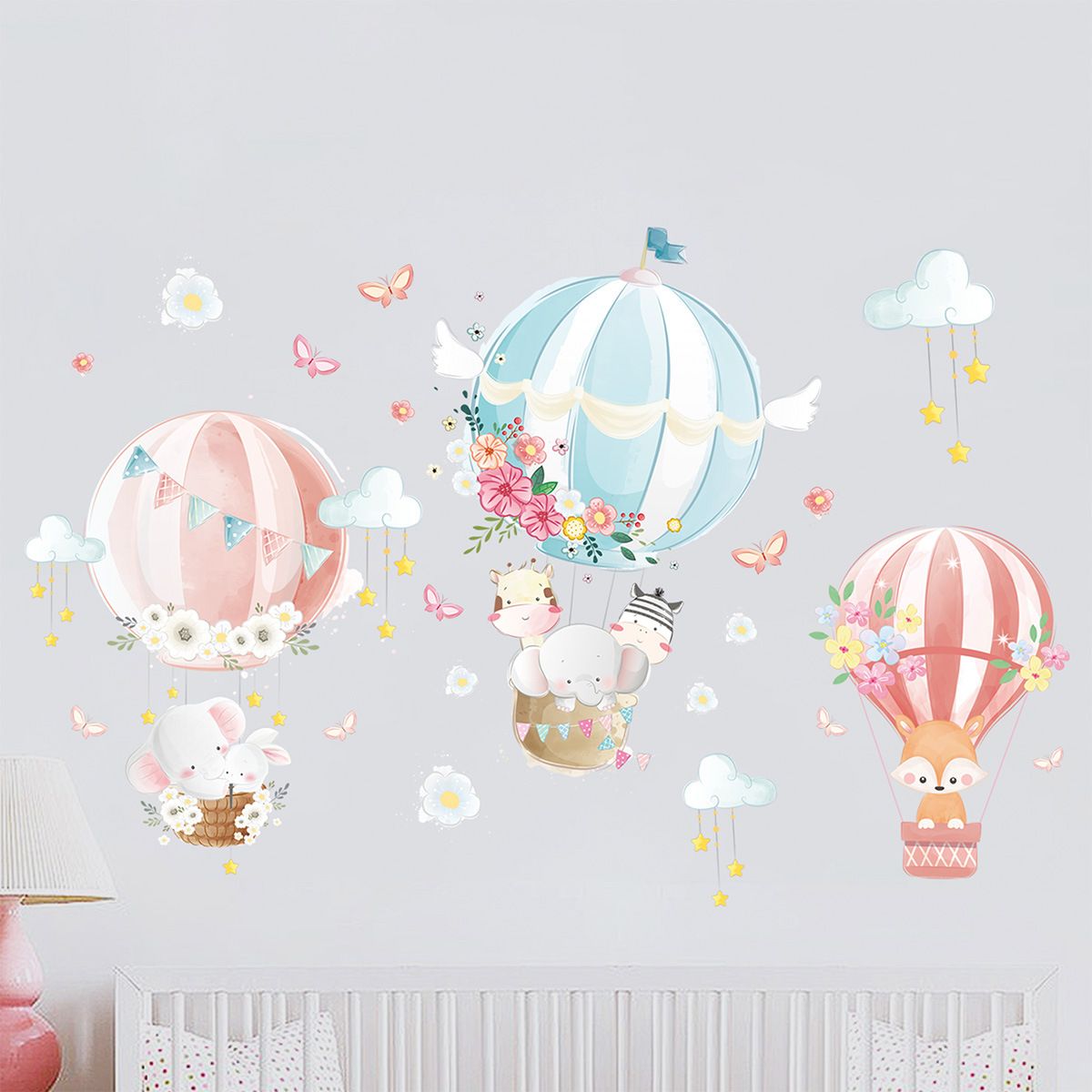 Hot air balloon wall stickers cartoon animal wall stickers fox elephant butterfly wall decorations DIY children's murals