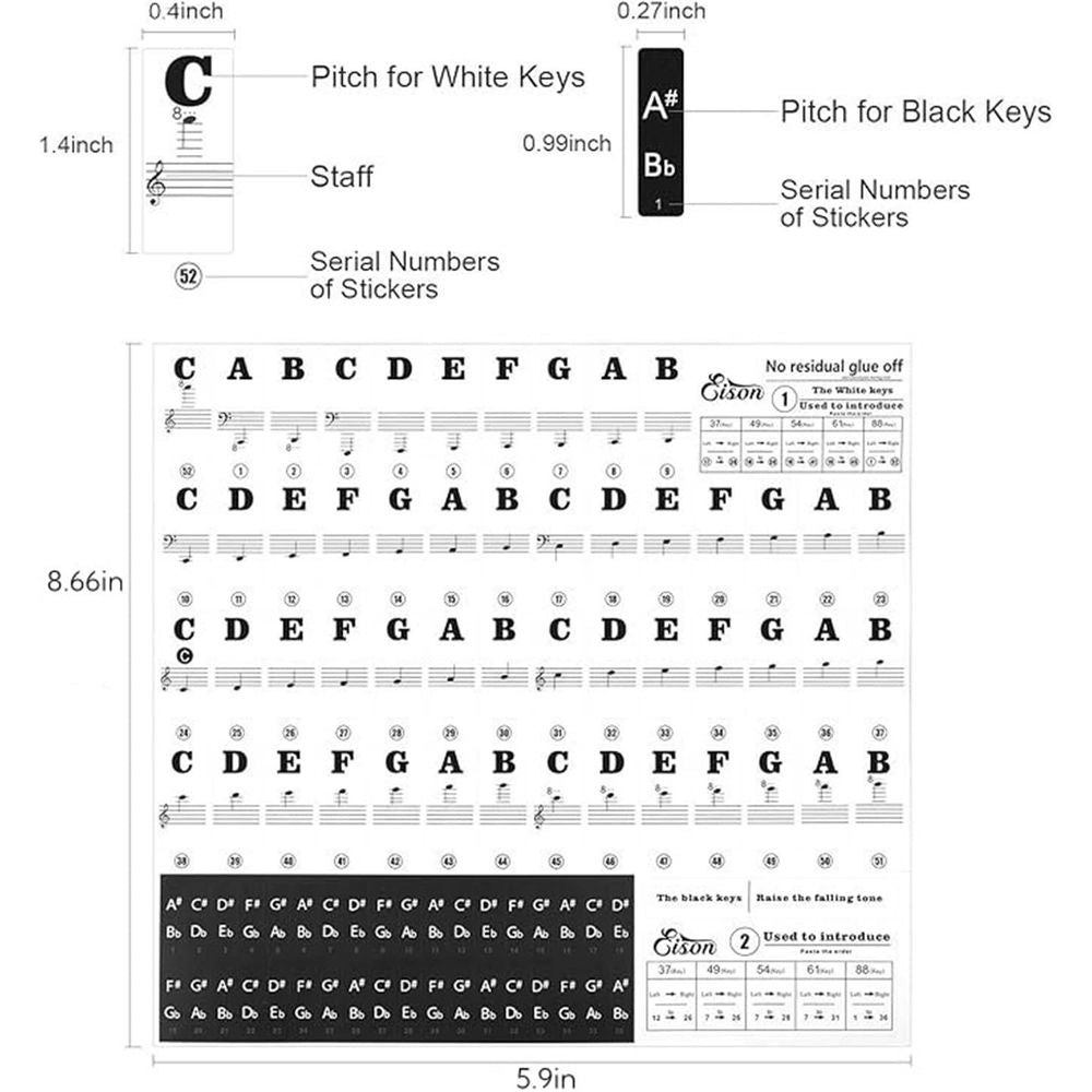 1 Pack Piano Keyboard Stickers for 88/61/54/49/37 Key,Full Set Piano Keyboard Stickers,Removable Piano Keyboard Letters,Notes Label for Beginners,Kids (Clear)
