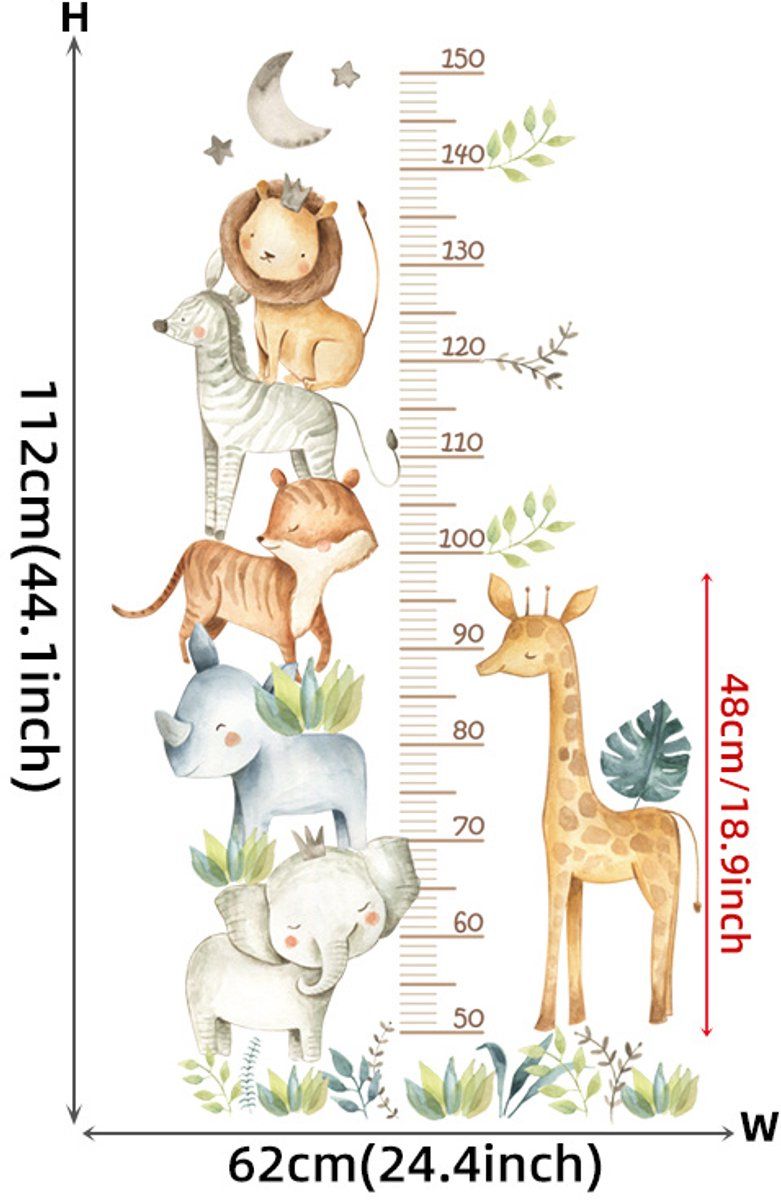 Kids Growth Chart Wall Sticker Self Adhesive Removable Height Measure Ruler Jungle Safari Animals Nursery Bedroom Decor Up To Multi Color, 170 cm