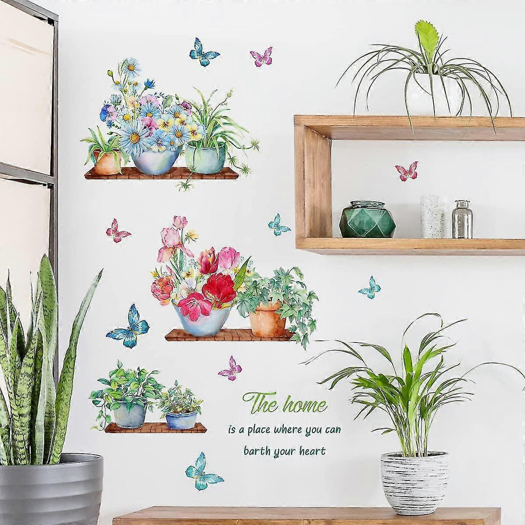 Green Potted Plants Wall Stickers Butterfly Flower Plant Wall Sticker For Kitchen Living Room Decoration