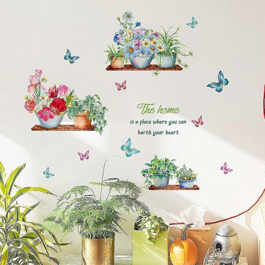 Green Potted Plants Wall Stickers Butterfly Flower Plant Wall Sticker For Kitchen Living Room Decoration