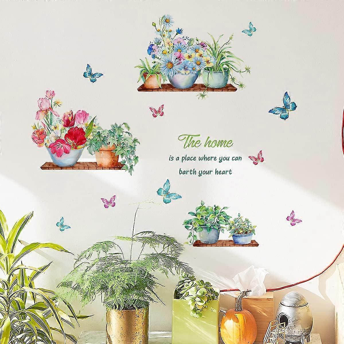 Green Potted Plants Wall Stickers Butterfly Flower Plant Wall Sticker For Kitchen Living Room Decoration