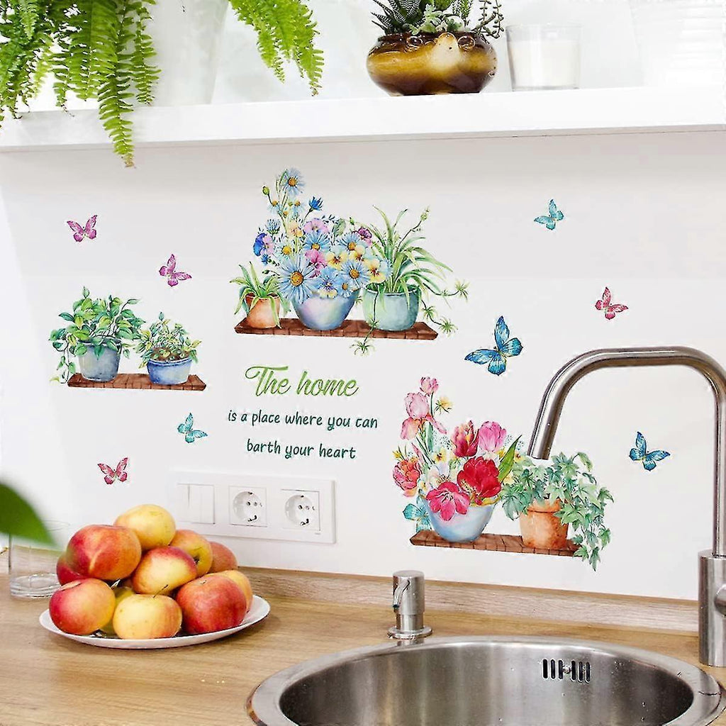 Green Potted Plants Wall Stickers Butterfly Flower Plant Wall Sticker For Kitchen Living Room Decoration