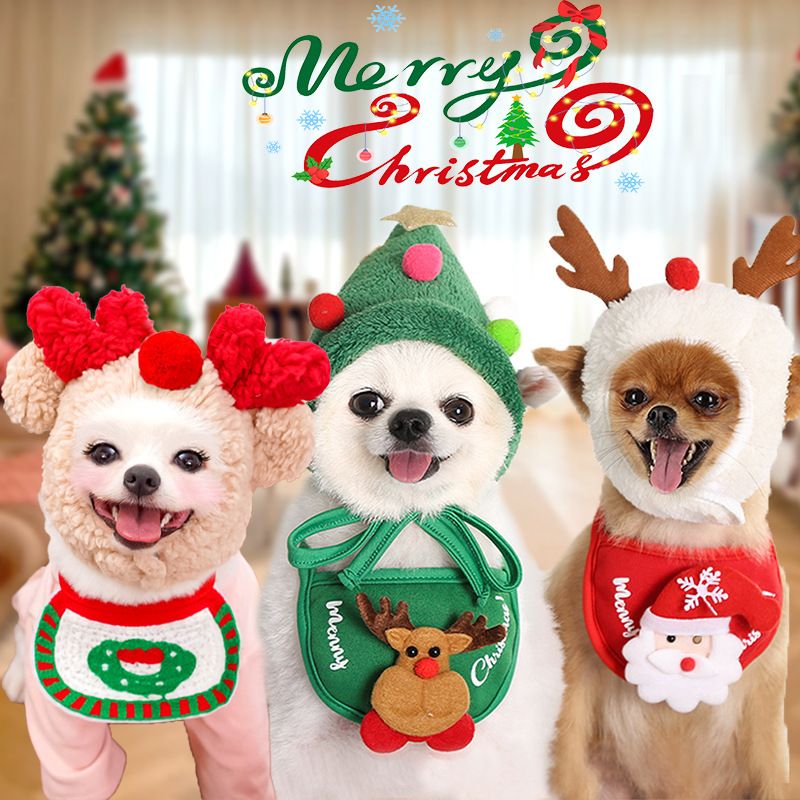 Pet Christmas Hat Bandana Wearable Accessories White Cap Deer Antler L (for pets 8-15 lbs)