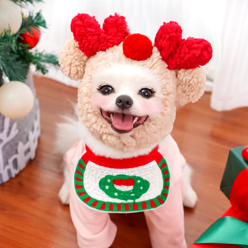 Pet Christmas Hat Bandana Wearable Accessories White Cap Deer Antler L (for pets 8-15 lbs)