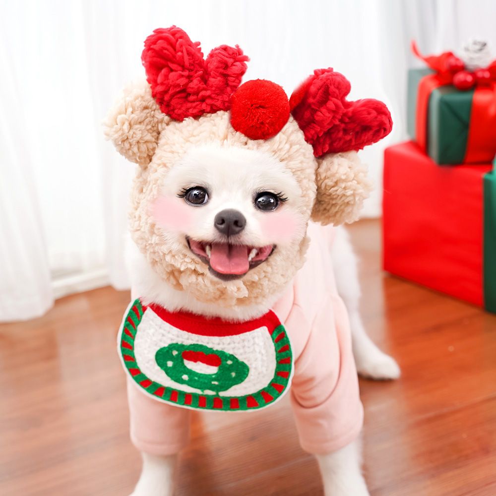 Pet Christmas Hat Bandana Wearable Accessories White Cap Deer Antler L (for pets 8-15 lbs)
