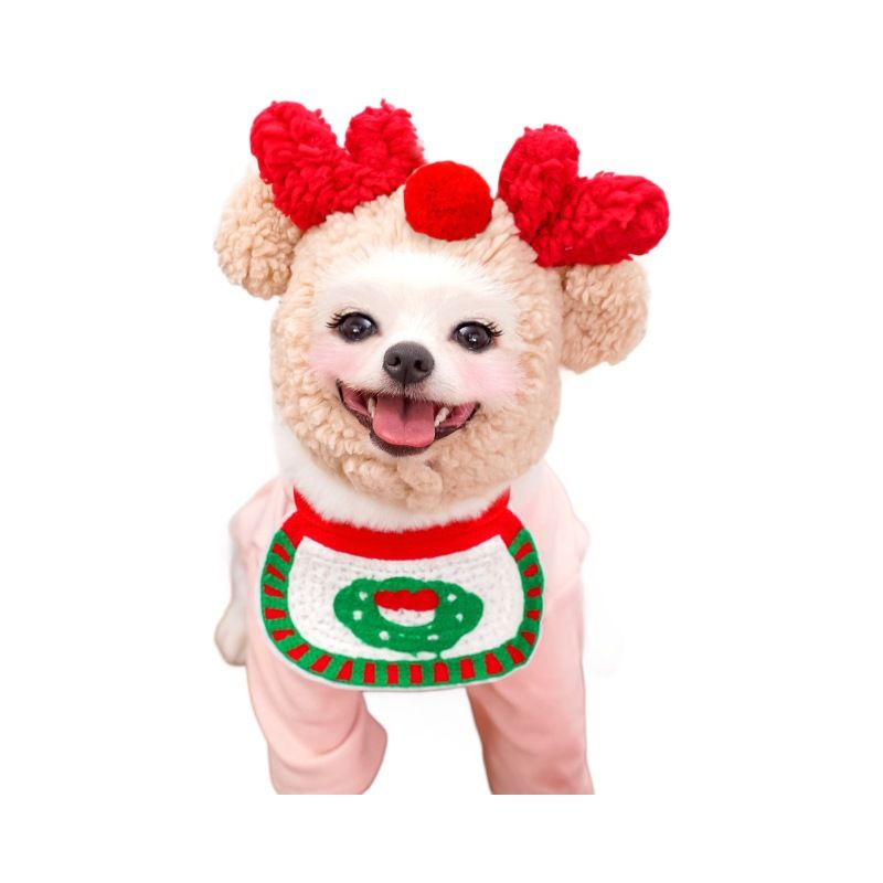 Pet Christmas Hat Bandana Wearable Accessories White Cap Deer Antler L (for pets 8-15 lbs)