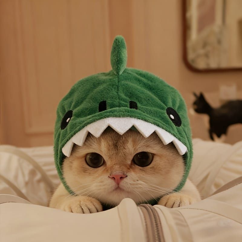 Adorable Dinosaur Hood for Small Pets, Fun Cat Costume Hat with Cartoon Design for Photo Shoots and Party Dress-Up (Dark Green)