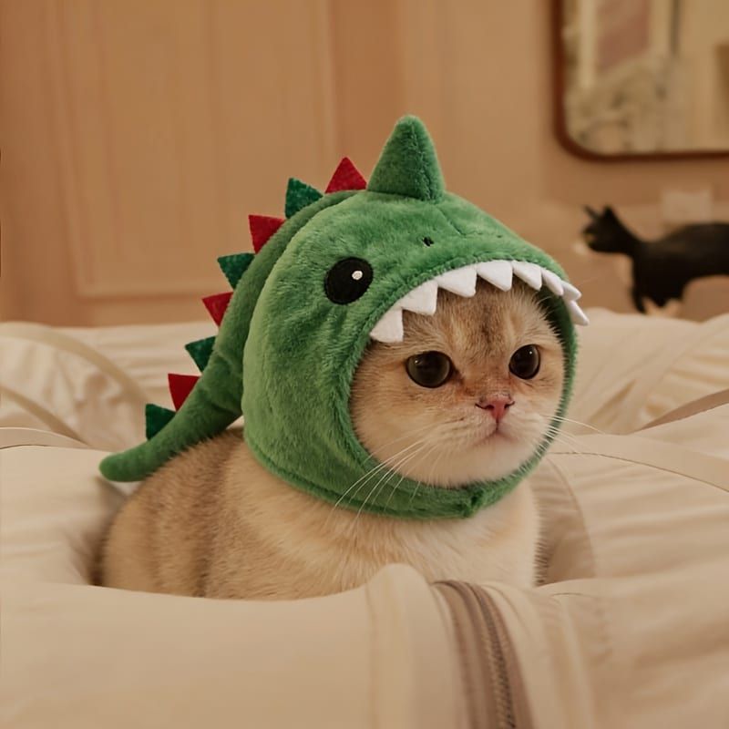 Adorable Dinosaur Hood for Small Pets, Fun Cat Costume Hat with Cartoon Design for Photo Shoots and Party Dress-Up (Dark Green)