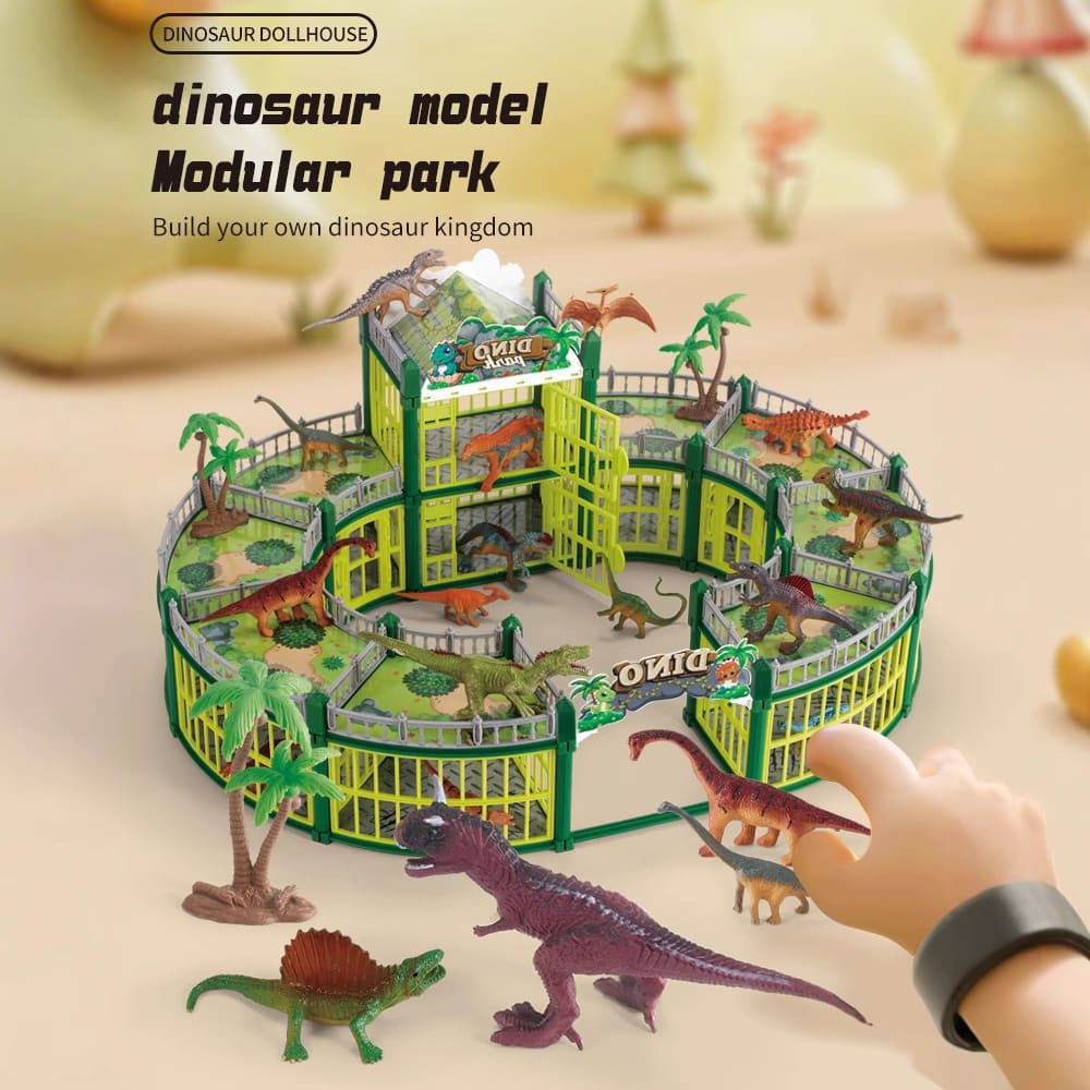 DIY Jurassic Theme Park Building Set for Kids, Creative Dinosaur Arena Toy with Realistic Dinosaurs and Palm Trees, Educational Playset for Ages 3+ to Build and Explore (137PCS, Brown)
