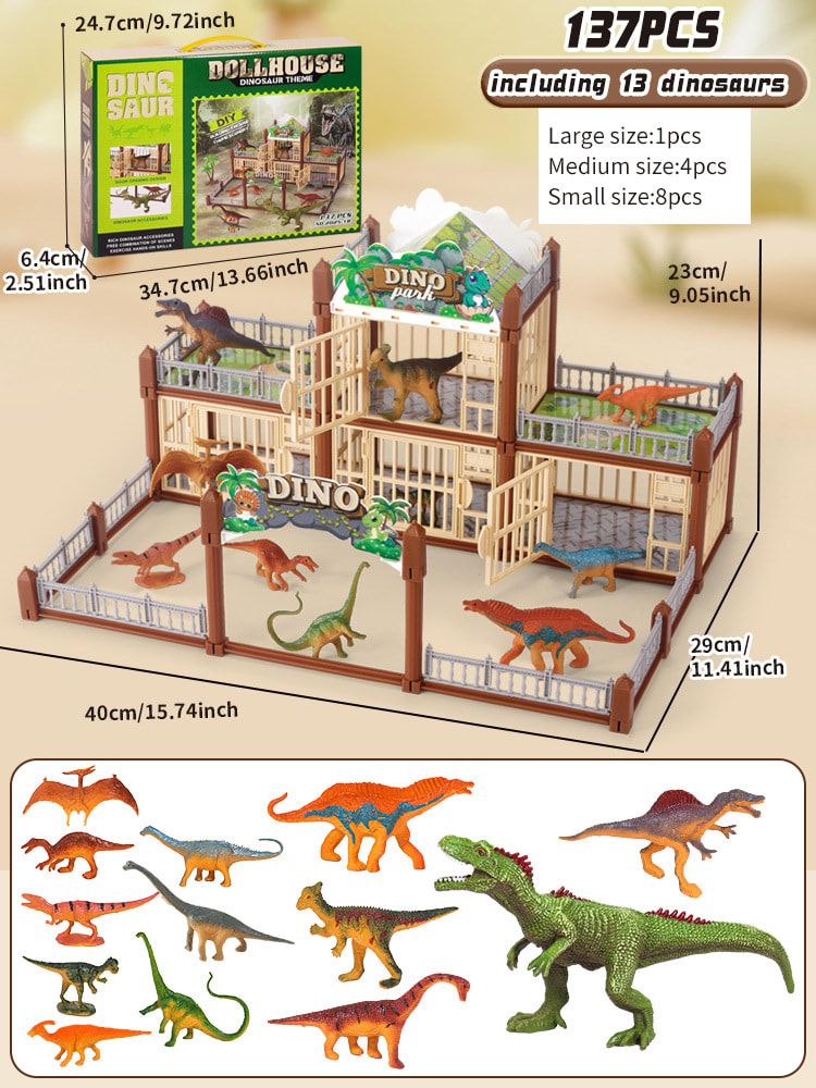 DIY Jurassic Theme Park Building Set for Kids, Creative Dinosaur Arena Toy with Realistic Dinosaurs and Palm Trees, Educational Playset for Ages 3+ to Build and Explore (215PCS, Brown)