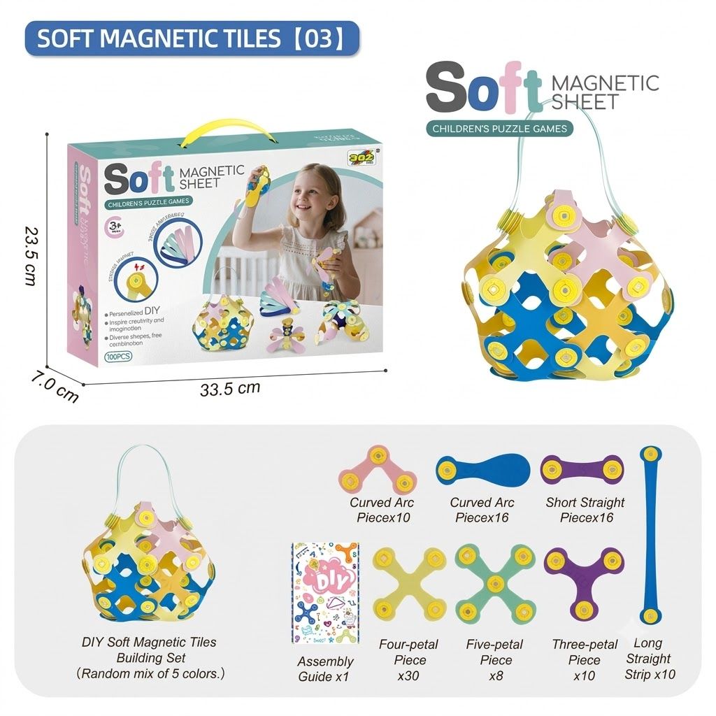 Kids 3D Soft Magnetic Building Tiles Toy Set, Creative DIY Puzzle Blocks for Ages 3+ - Develops Fine Motor Skills & Imagination, Ideal Birthday Gift for Girls, Home Play STEM Learning Kit (100PCS)
