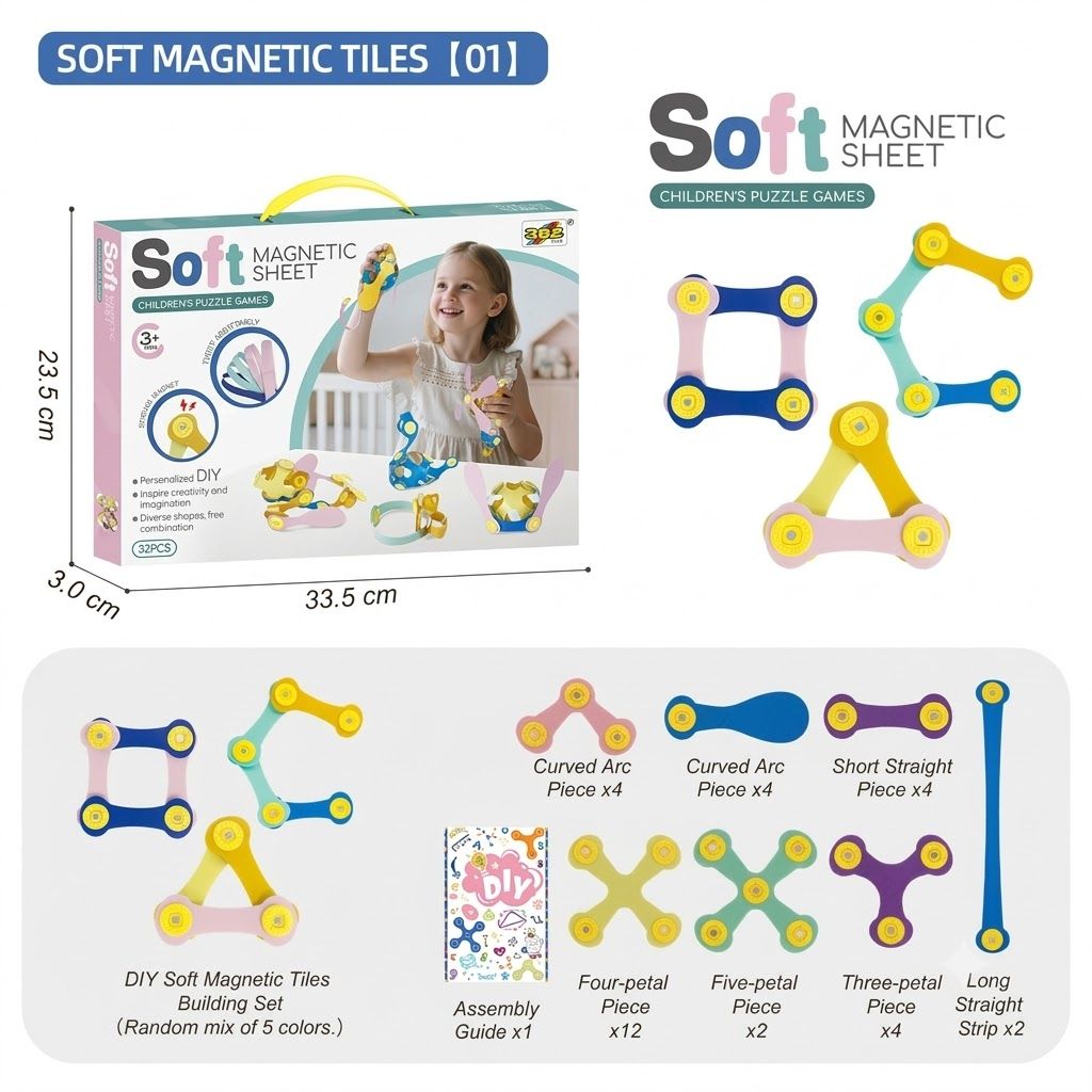 Kids 3D Soft Magnetic Building Tiles Toy Set, Creative DIY Puzzle Blocks for Ages 3+ - Develops Fine Motor Skills & Imagination, Ideal Birthday Gift for Girls, Home Play STEM Learning Kit (32PCS)
