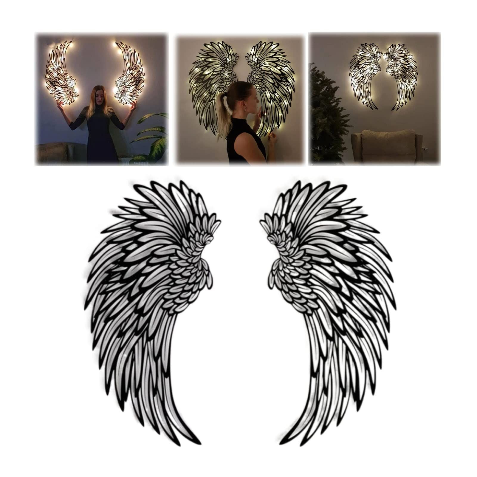 1 Pair Angel Wings Metal Wall Art Decor with Led Lights,  3D Angel Wings Wall Sculptures Decor, DIY Metal Wall Art , (18 inches)