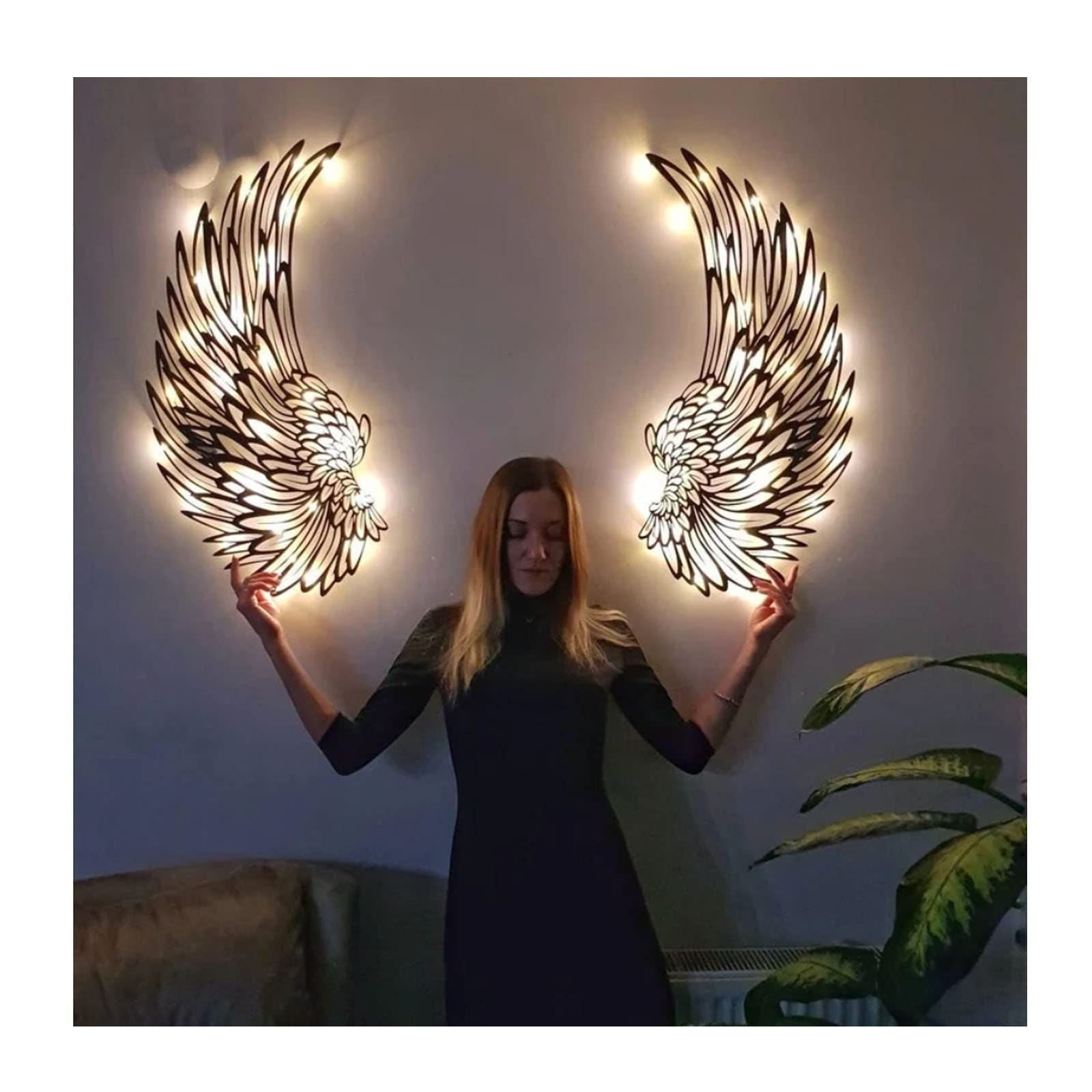 1 Pair Angel Wings Metal Wall Art Decor with Led Lights,  3D Angel Wings Wall Sculptures Decor, DIY Metal Wall Art , (18 inches)