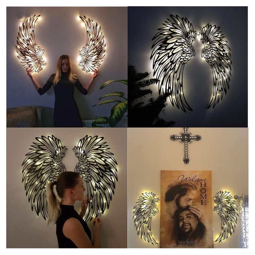 1 Pair Angel Wings Metal Wall Art Decor with Led Lights,  3D Angel Wings Wall Sculptures Decor, DIY Metal Wall Art , (18 inches)