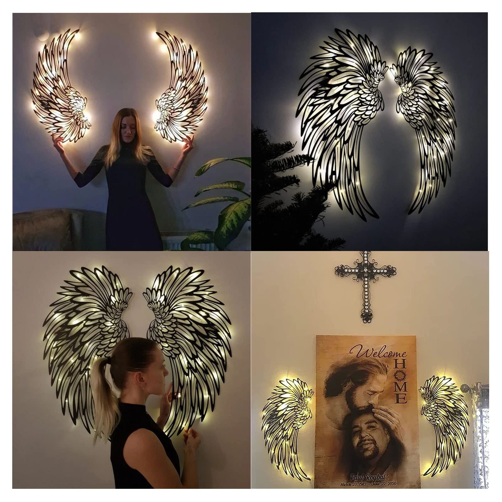 1 Pair Angel Wings Metal Wall Art Decor with Led Lights,  3D Angel Wings Wall Sculptures Decor, DIY Metal Wall Art , (18 inches)