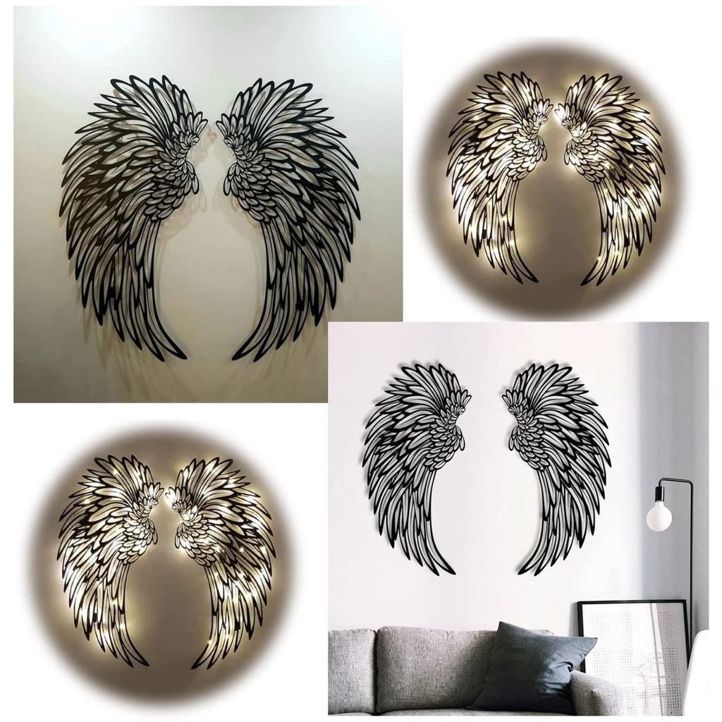 1 Pair Angel Wings Metal Wall Art Decor with Led Lights,  3D Angel Wings Wall Sculptures Decor, DIY Metal Wall Art , (18 inches)