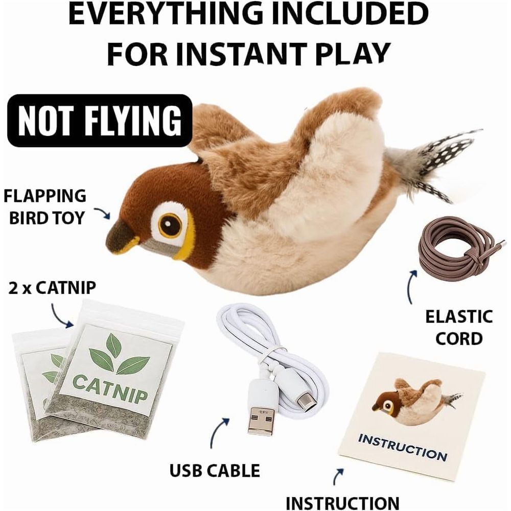 Flying Bird Cat Toys, Not Flying Rechargeable Flapping Bird Sparrow with Chirping Sounds & Touch Activation, Interactive Catnip Toy for Indoor Cats and Kittens