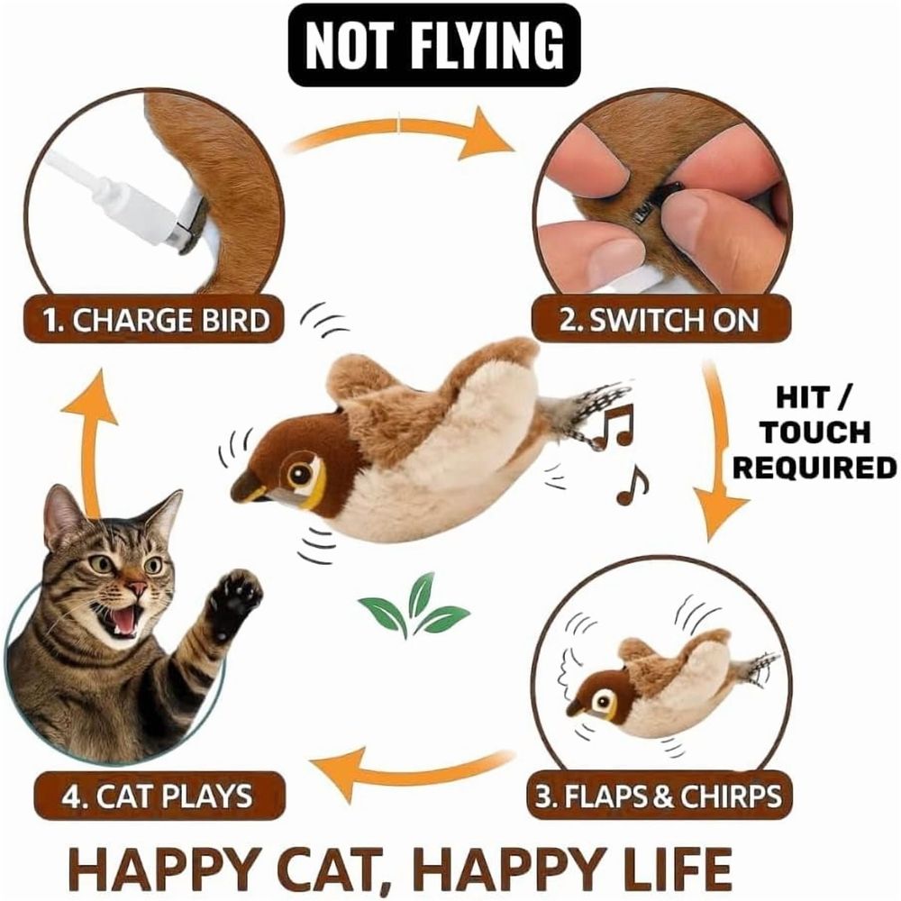 Flying Bird Cat Toys, Not Flying Rechargeable Flapping Bird Sparrow with Chirping Sounds & Touch Activation, Interactive Catnip Toy for Indoor Cats and Kittens