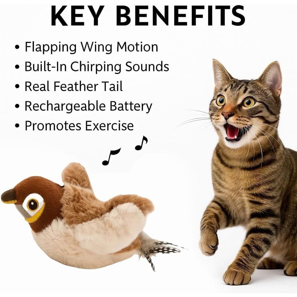 Flying Bird Cat Toys, Not Flying Rechargeable Flapping Bird Sparrow with Chirping Sounds & Touch Activation, Interactive Catnip Toy for Indoor Cats and Kittens