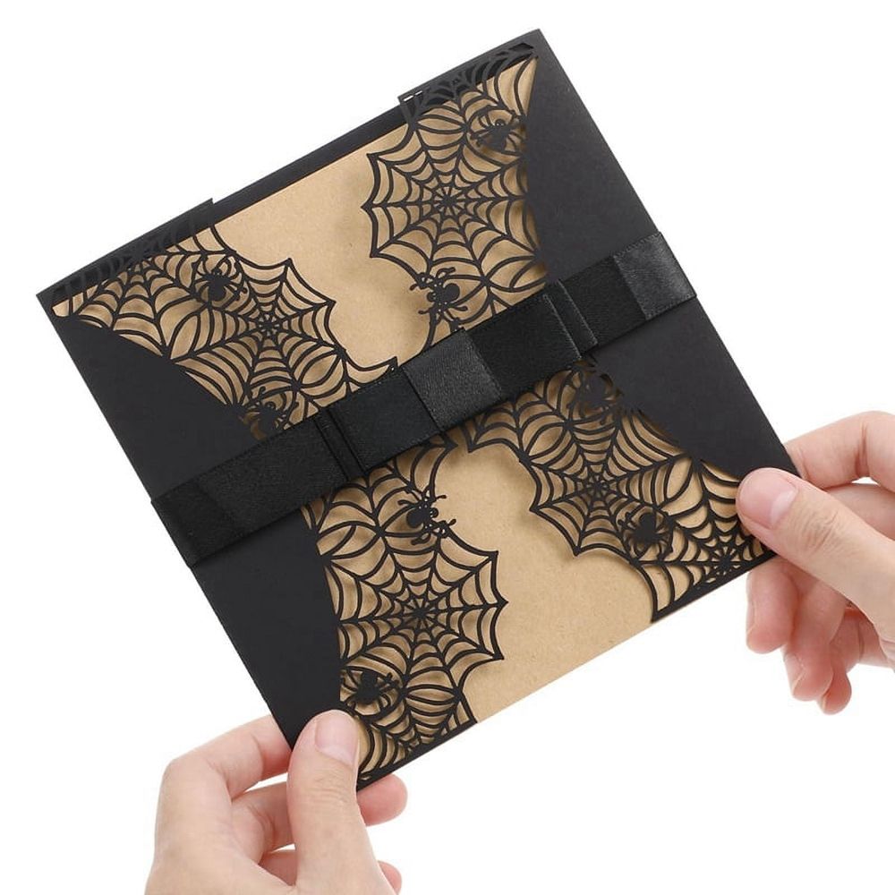 10Pcs Halloween Invitations Card Hollow Horror Invitations Cards Spiderweb Design Cards with Bowknots (Black)