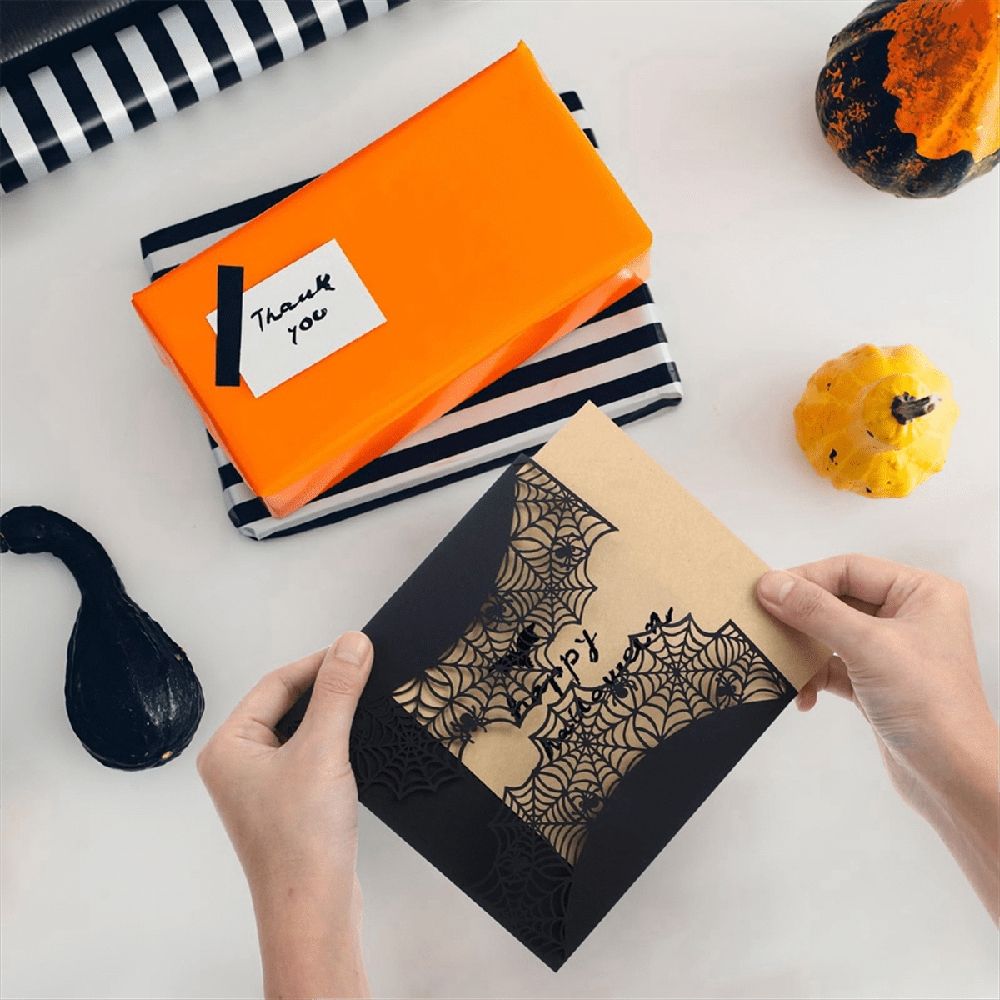 10Pcs Halloween Invitations Card Hollow Horror Invitations Cards Spiderweb Design Cards with Bowknots (Black)