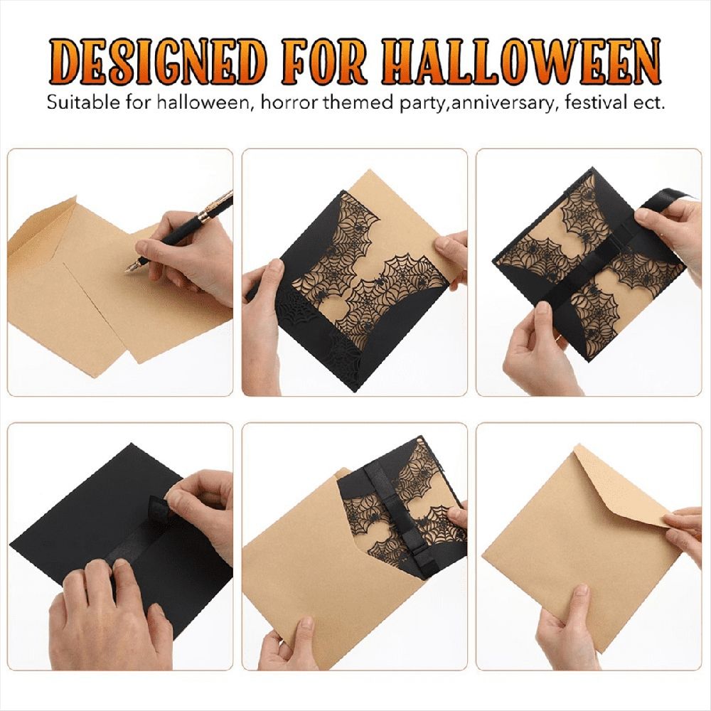 10Pcs Halloween Invitations Card Hollow Horror Invitations Cards Spiderweb Design Cards with Bowknots (Black)