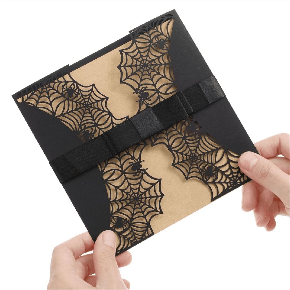 10Pcs Halloween Invitations Card Hollow Horror Invitations Cards Spiderweb Design Cards with Bowknots (Black)