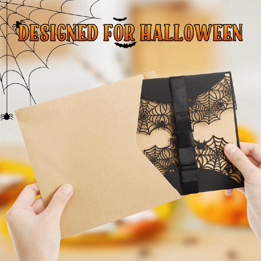 10Pcs Halloween Invitations Card Hollow Horror Invitations Cards Spiderweb Design Cards with Bowknots (Black)
