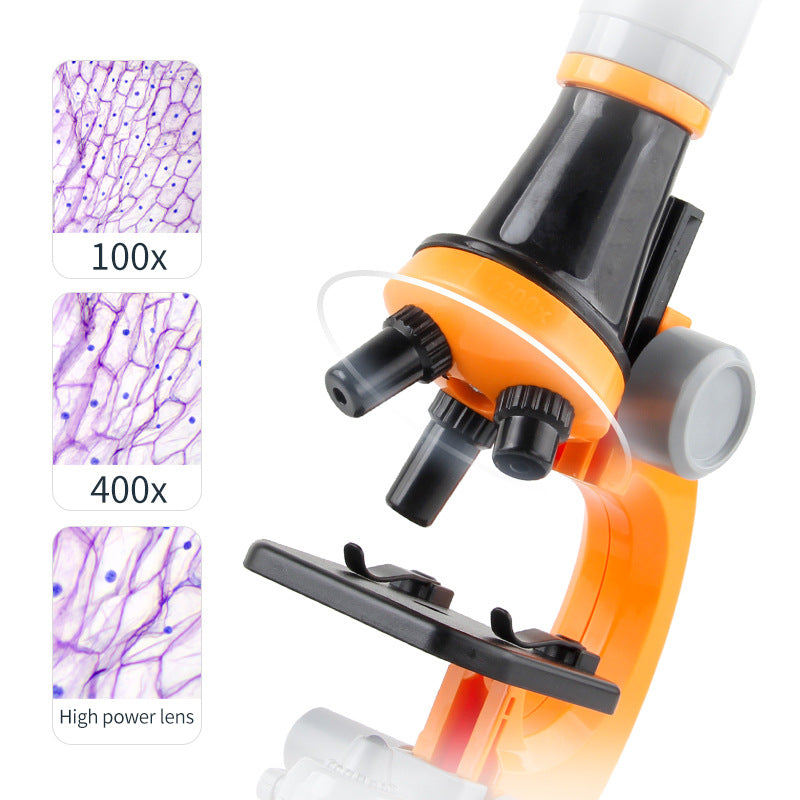 Orange Kids Biological Microscope Kit 100x 400x 1200x LED Magnification STEM Science Toy for School Students with Sample Slides