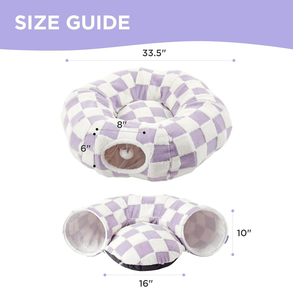 2-in-1 Cat Tunnel Bed Blue Daisy 80cm - Plush Donut Pet Cave & Play Tube - Detachable Washable Cushion & Interactive Hanging Toy for Indoor Cats