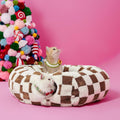 2-in-1 Cat Tunnel Bed Coffee Brown Daisy 80cm - Plush Donut Pet Cave & Play Tube - Detachable Washable Cushion & Interactive Hanging Toy for Indoor Cats