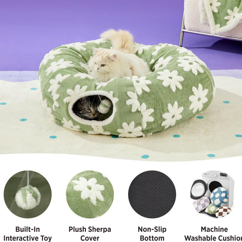 2-in-1 Cat Tunnel Bed Coffee Brown Daisy 80cm - Plush Donut Pet Cave & Play Tube - Detachable Washable Cushion & Interactive Hanging Toy for Indoor Cats