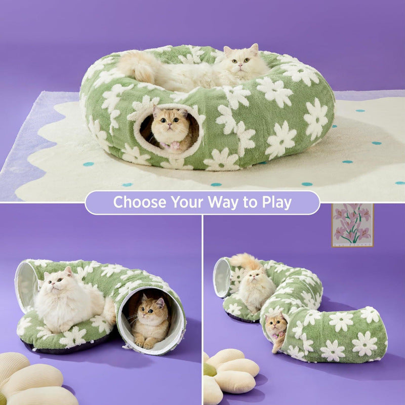 2-in-1 Cat Tunnel Bed Coffee Brown Daisy 80cm - Plush Donut Pet Cave & Play Tube - Detachable Washable Cushion & Interactive Hanging Toy for Indoor Cats