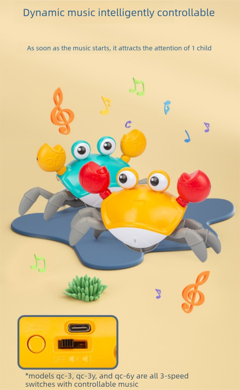Upgraded Induction Crawling Crab Baby Toy with Silent Mode & Speed Control USB-C Rechargeable Obstacle Avoidance Tummy Time Pet Sky Green