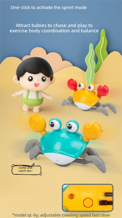 Upgraded Induction Crawling Crab Baby Toy with Silent Mode & Speed Control USB-C Rechargeable Obstacle Avoidance Tummy Time Pet Sky Green