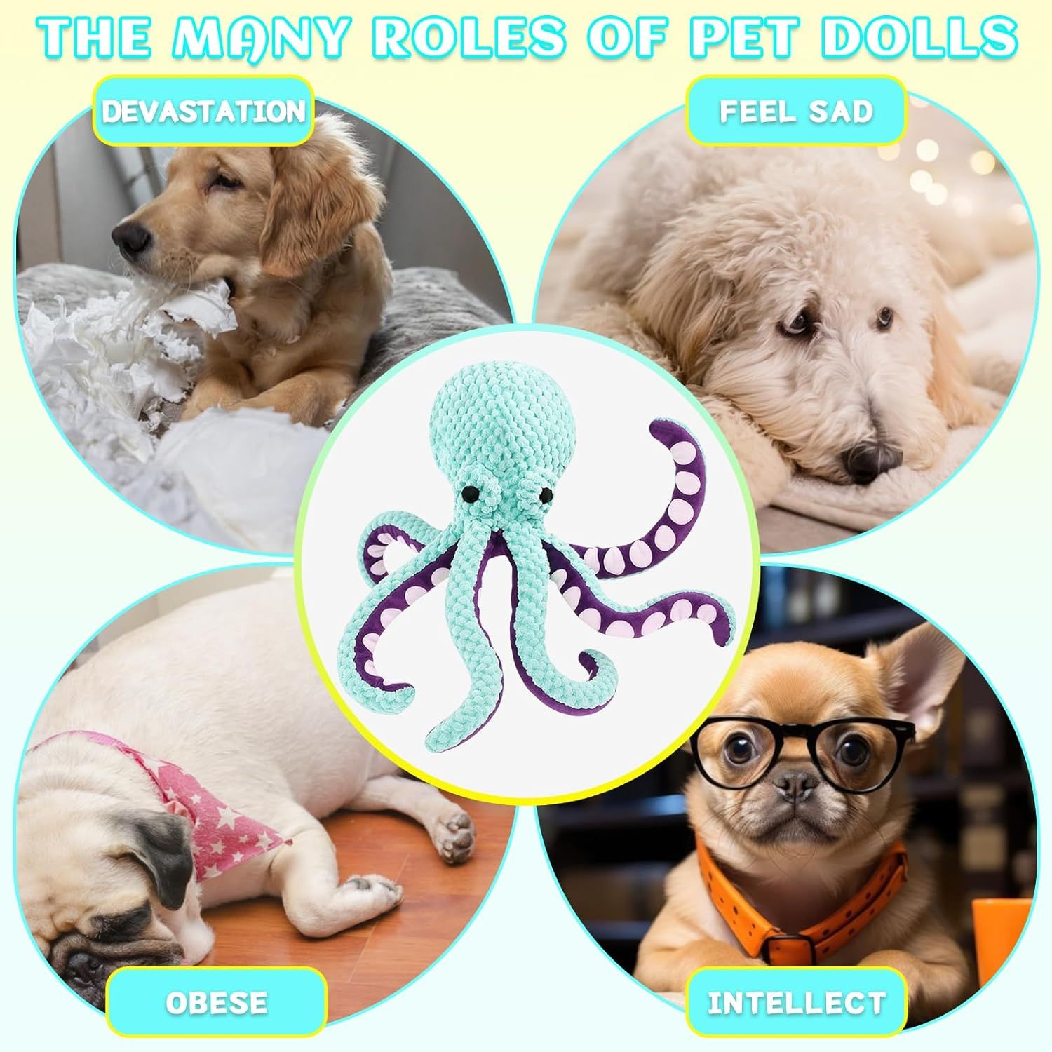 2-Pack Green Plush Octopus Dog Toy with Squeaker - Interactive Chew Toy for Small, Medium & Large Dogs - Durable, Teeth-Cleaning & Boredom-Relief Pet Toy (35cm)