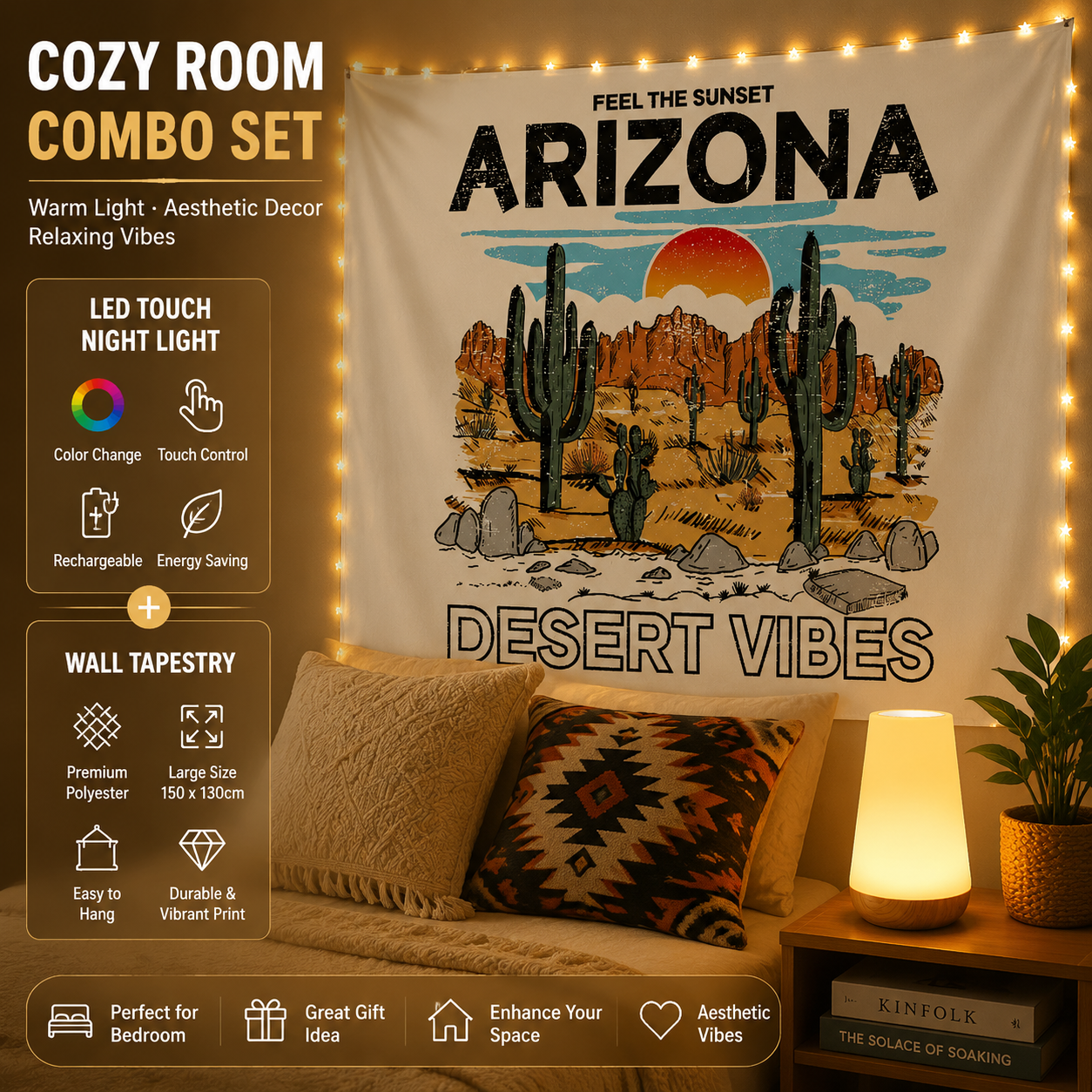 2-piece Bedroom Atmosphere Bundle –White RGB Rechargeable LED Night Light + Vintage Camping Style Wall Printed with ARIZONA Tapestry Home Decor Set (Mood Lighting & Wall Background Combo)