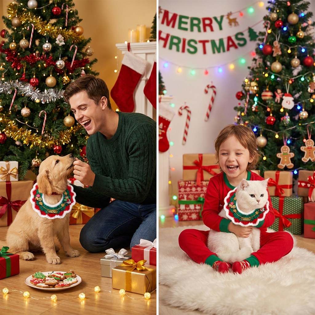 Christmas Pet Collar（White frayed edges） Knitted Festive Dog Cat Collar Red Green Adjustable Soft Lightweight Holiday Pet Accessories for Small Dogs and Cats  Party Wear