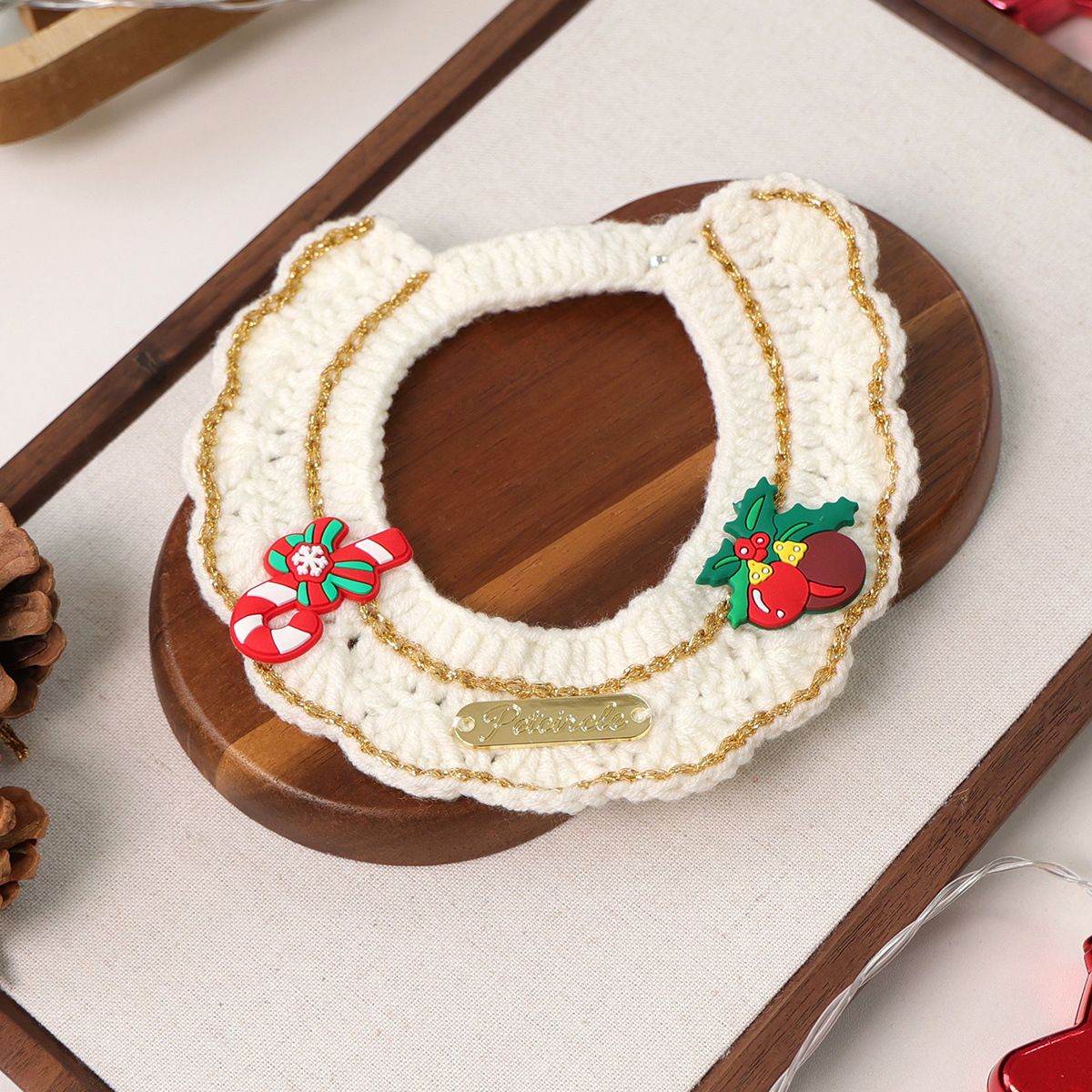 Christmas Pet Collar（Cane and pine cone） Knitted Festive Dog Cat Collar Red Green Adjustable Soft Lightweight Holiday Pet Accessories for Small Dogs and Cats  Party Wear